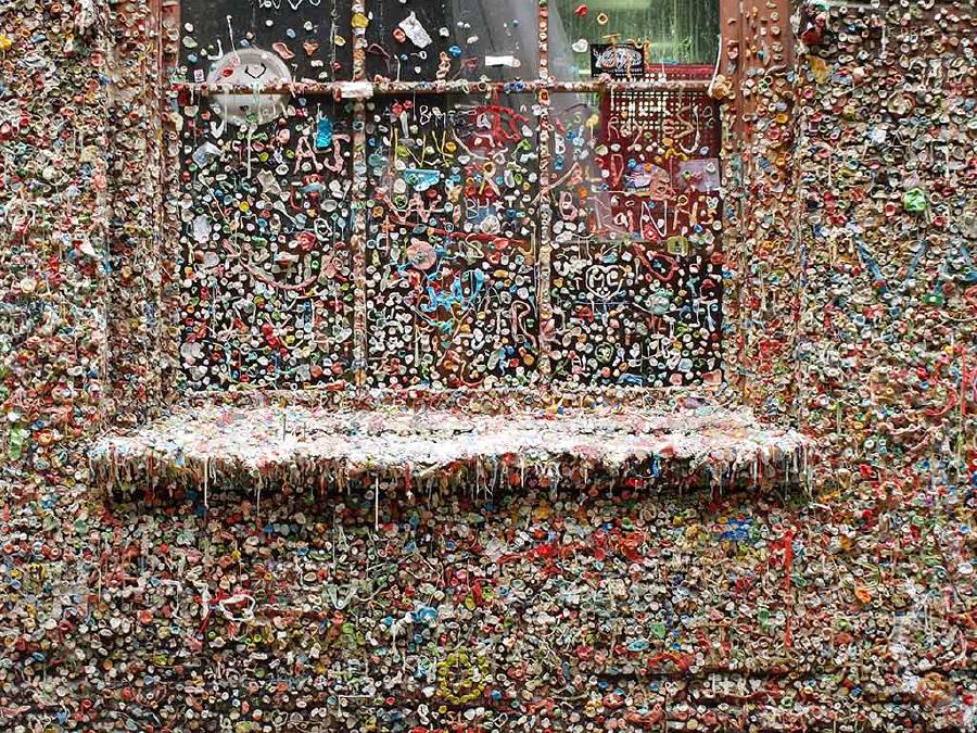 The Market Theater Gum Wall is a local landmark in downtown Seattle. This brick alleyway wall is covered in used chewing gum which is several inches thick at places.