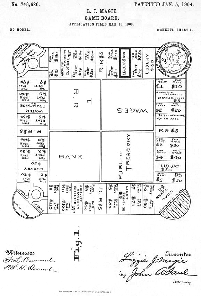 First page of patent submission for first version of Lizzie Magie's board game, granted on January 5, 1904. Source http://en.wikipedia.org/wiki/History\_of\_the\_board\_game_Monopoly#/media/File:BoardGamePatentMagie.png