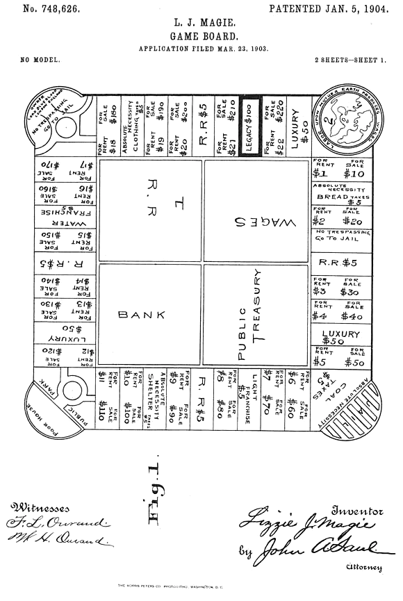 First page of patent submission for first version of Lizzie Magie's board game, granted on January 5, 1904. Source http://en.wikipedia.org/wiki/History\_of\_the\_board\_game_Monopoly#/media/File:BoardGamePatentMagie.png
