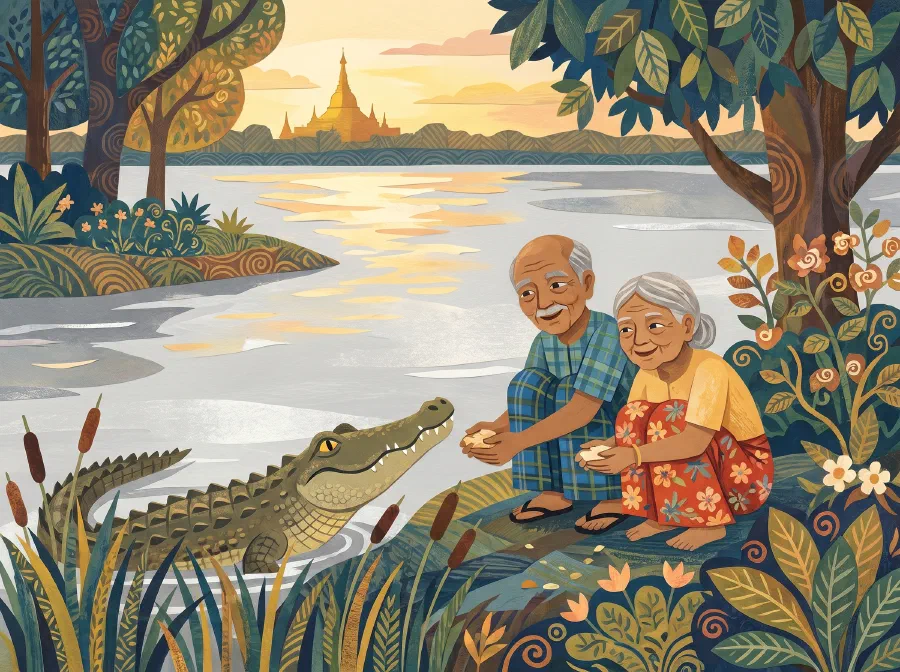 An old Burmese fisherman and his wife feeding their pet crocodile on the bank of the Irrawady river, with a golden pagoda across the water at sunset