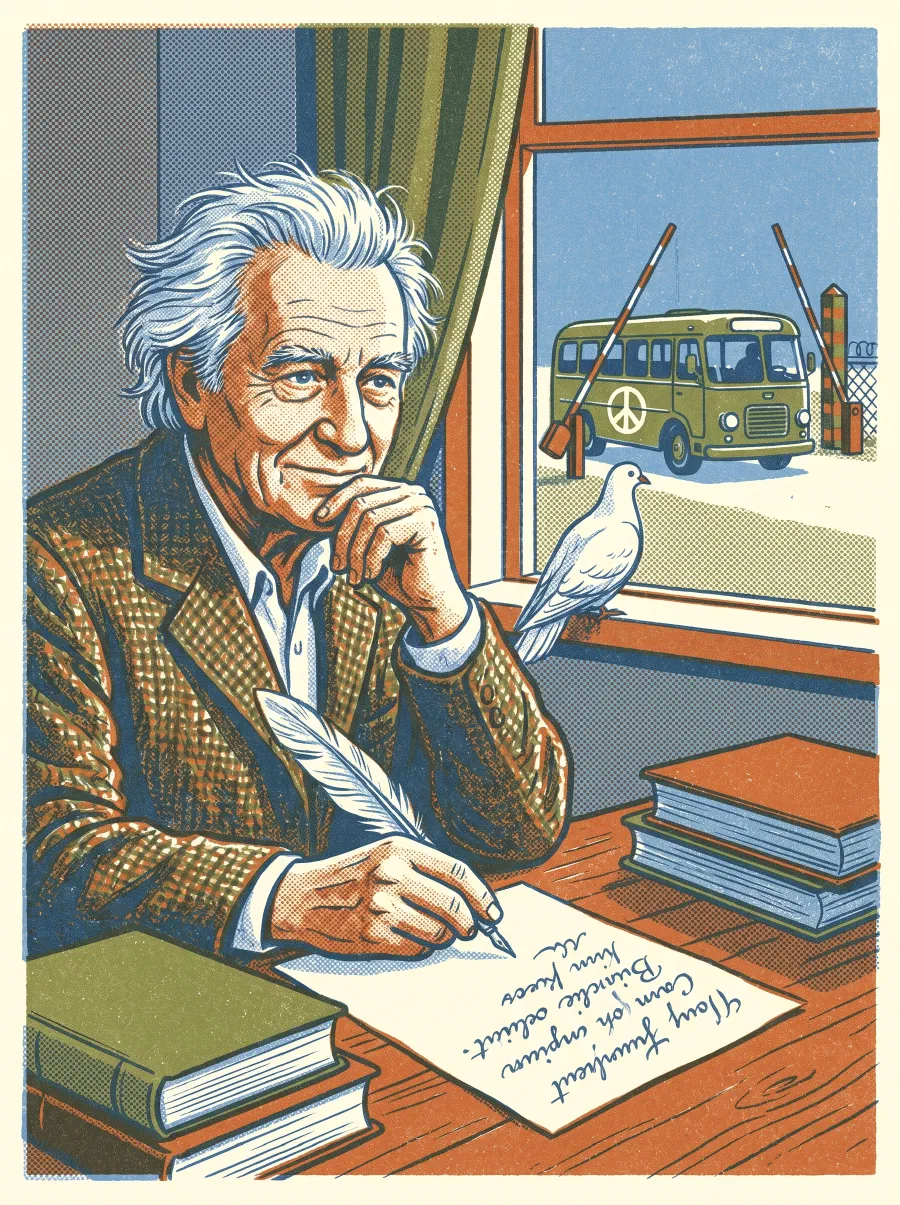 An elderly Urdu poet writing at his desk with a quill, a white dove at the window and a peace bus crossing a border outside