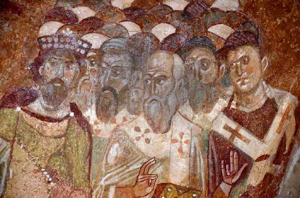 Detail of an ancient byzantine fresco of the council of Nicaea. From the church of St Nicholas, Demre, Southern Turkey