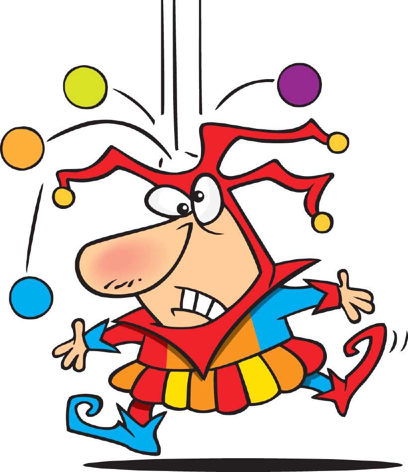 A clown juggles balls