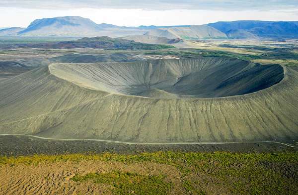 Deep crater seen from helicopter. Myvatn area in Iceland.