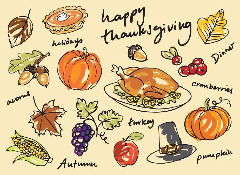 A modern thanksgiving feast includes turkey, pumpkin, cranberries, acorns and more...