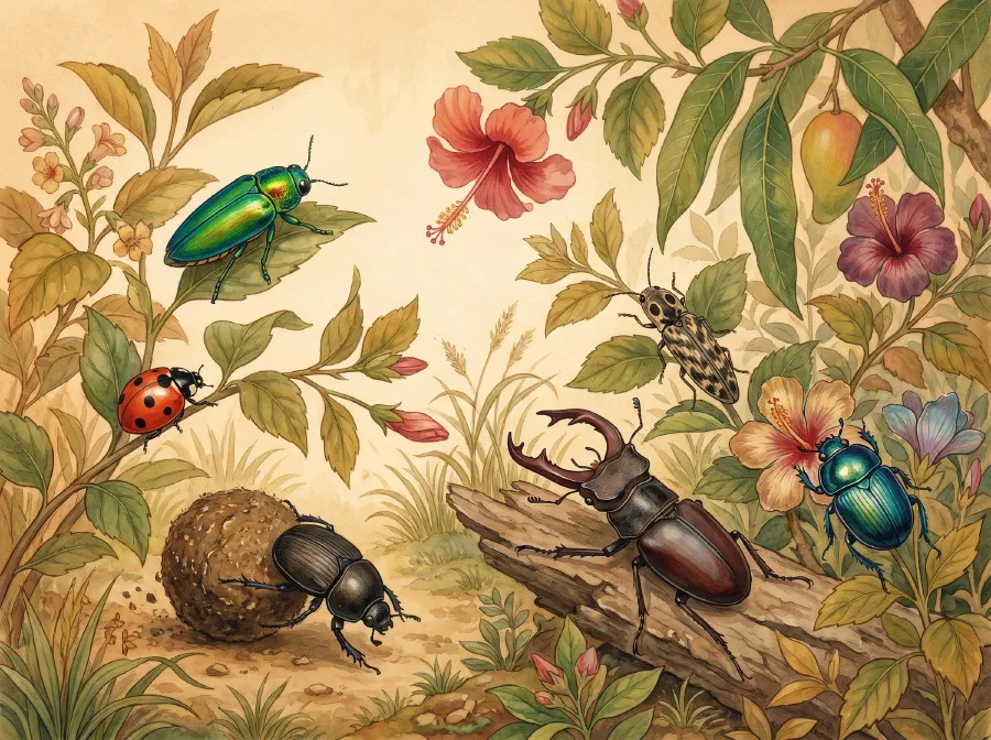 A natural-history plate of varied beetles — a green jewel beetle, a ladybird, a dung beetle rolling its ball, a stag beetle and a scarab — among leaves and flowers