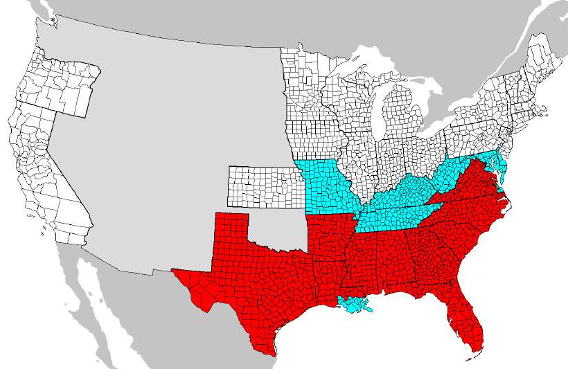 Map of United States of America: Areas covered by the Emancipation Proclamation are in red. Slave-holding areas not covered are in blue.