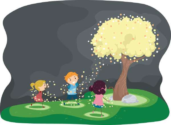 Kids around a tree covered with fireflies
