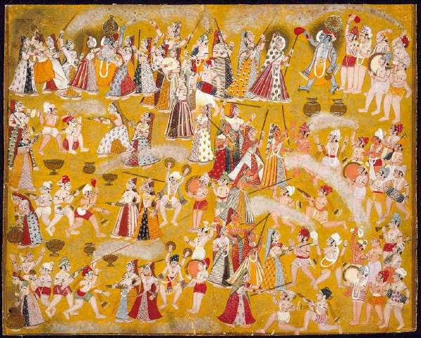 Krishna and Radha Celebrating the Holi Festival with Companions. Source: This file is in the public domain because it has been released by the Los Angeles County Museum of Art