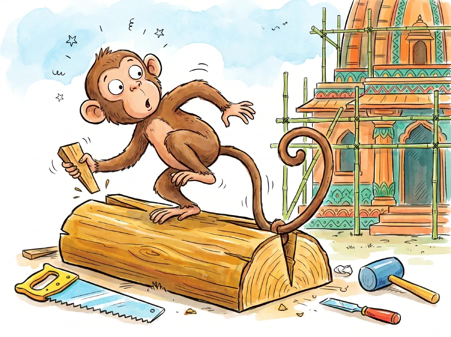 A surprised monkey on a half-sawn log at a temple building site, its tail caught between the closing halves of the log