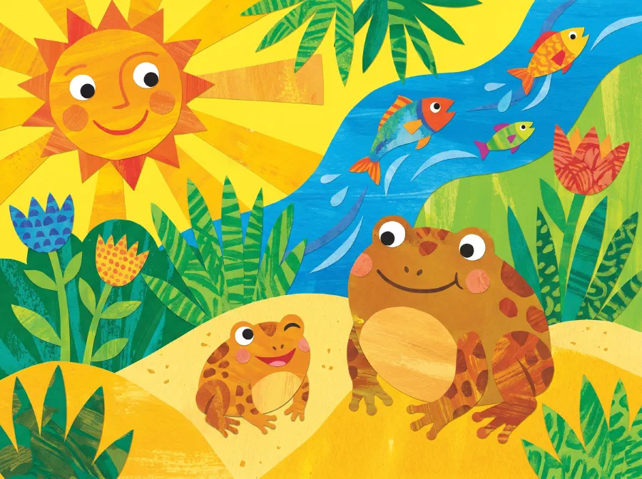 A sunny meadow with a mother toad and her baby winking in the sand, and a mother fish with two little fish leaping in a blue stream