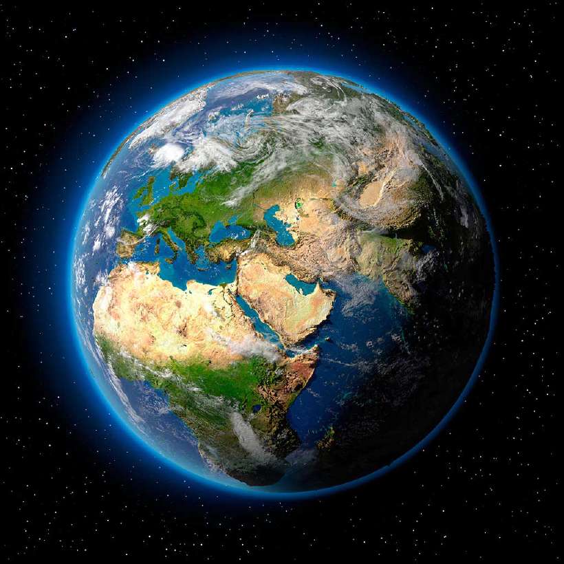 A beautiful ship in the sky! Planet earth with translucent water of the oceans, atmosphere, clouds...