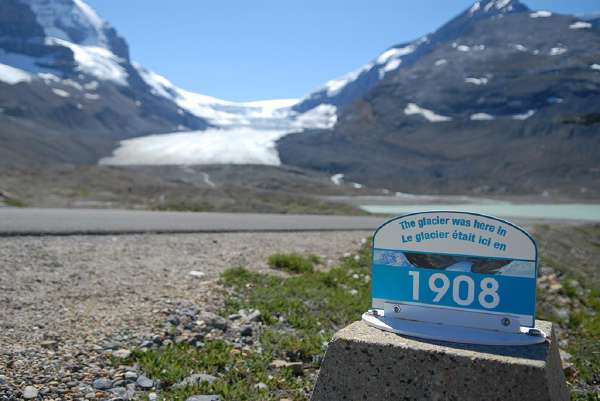 Location and date marker for glacier in Jasper National Park in Canada. Clear evidence of global warming.
