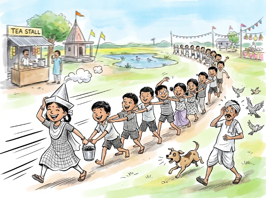 भारतीय बच्चे रेलगाड़ी का खेल खेलते हुए दौड़ते — सबसे आगे एक लड़की इंजन बनी, सिर पर कागज़ की टोपी और सीटी बजाती, पीछे डिब्बे बने हँसते बच्चे, साथ दौड़ता कुत्ता और चौंका किसान