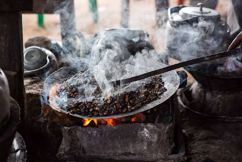 Roasting Ethiopian coffee the traditional way.