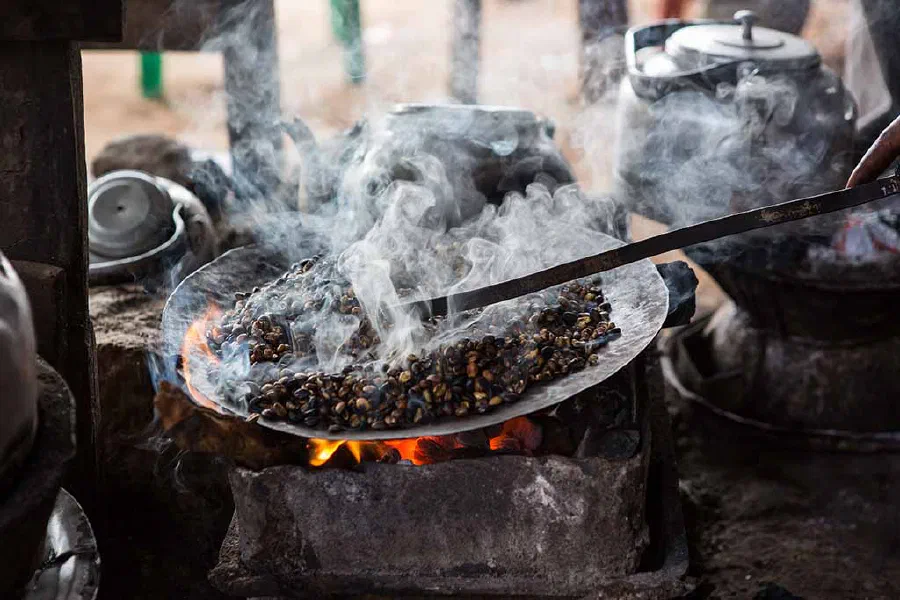 Roasting Ethiopian coffee the traditional way.