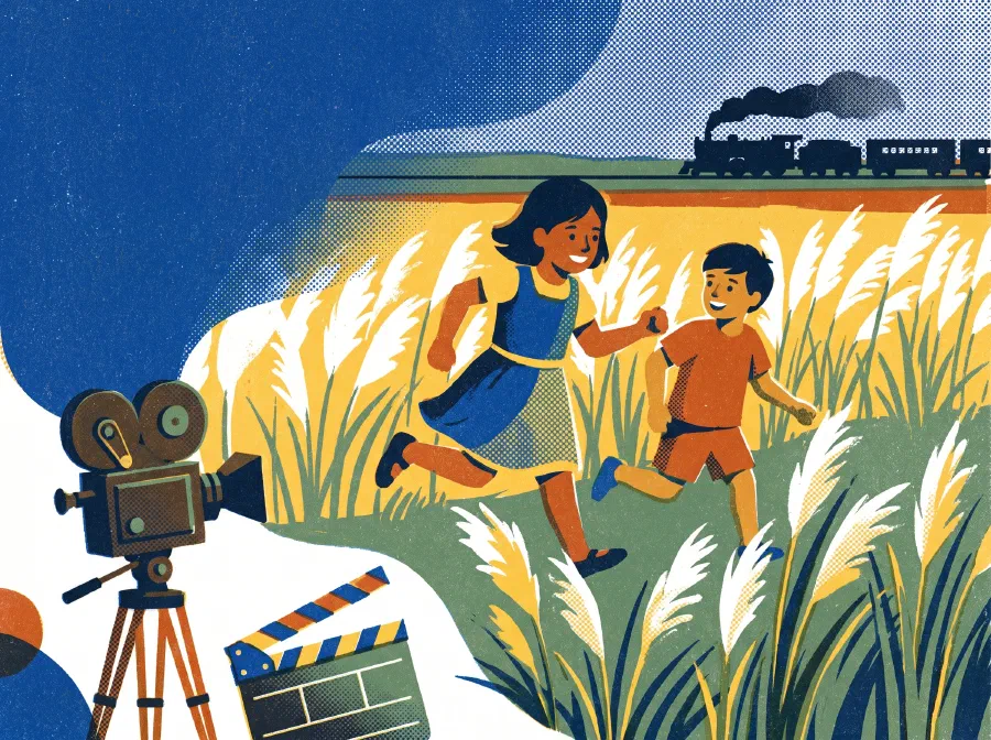 Two children run through a field of white kaash flowers towards a distant steam train, with a vintage movie camera and clapperboard in the foreground