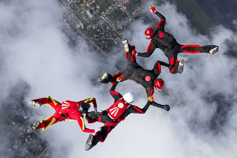 Skydivers in mid air formation