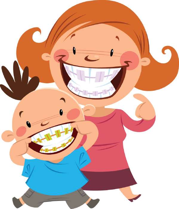 Mom and son smiling to show their colorful braces