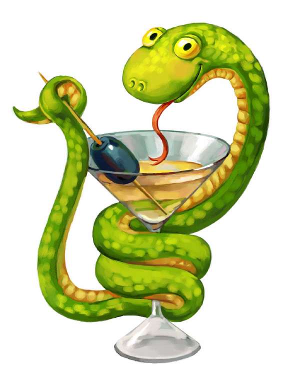Green snake with martini glass & olive.