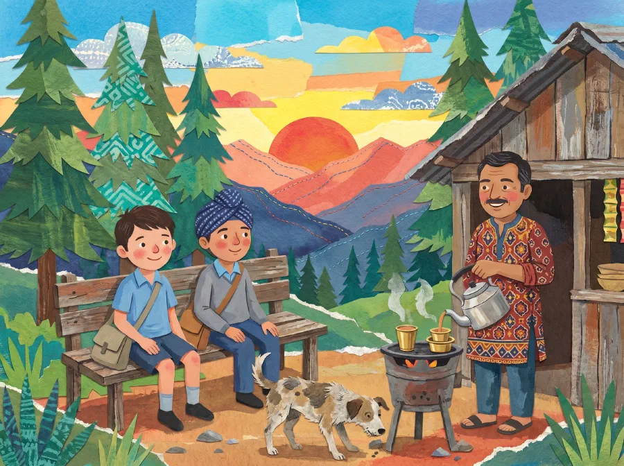 Two runaway schoolboys sit on a bench outside a hillside dhaba at sunrise while the owner pours tea over a charcoal stove