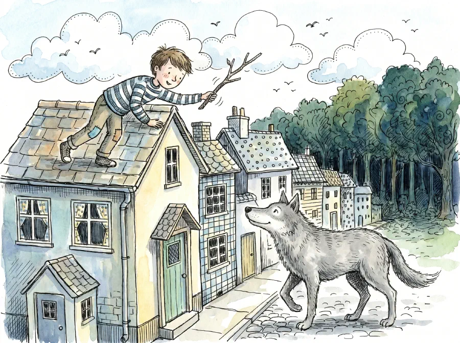A boy standing on his rooftop waving a stick down at a calm grey wolf passing below, with a dark forest beyond the houses
