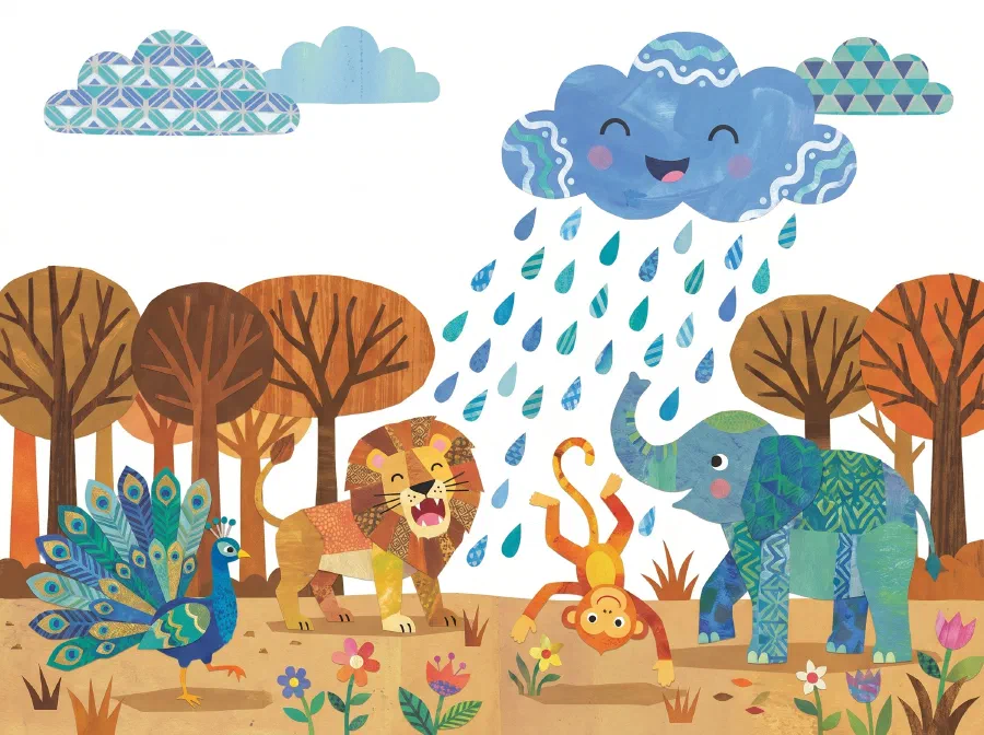 A smiling little rain cloud bursting into happy rain over a parched forest where a lion, elephant, monkey, squirrel and peacock celebrate the first drops