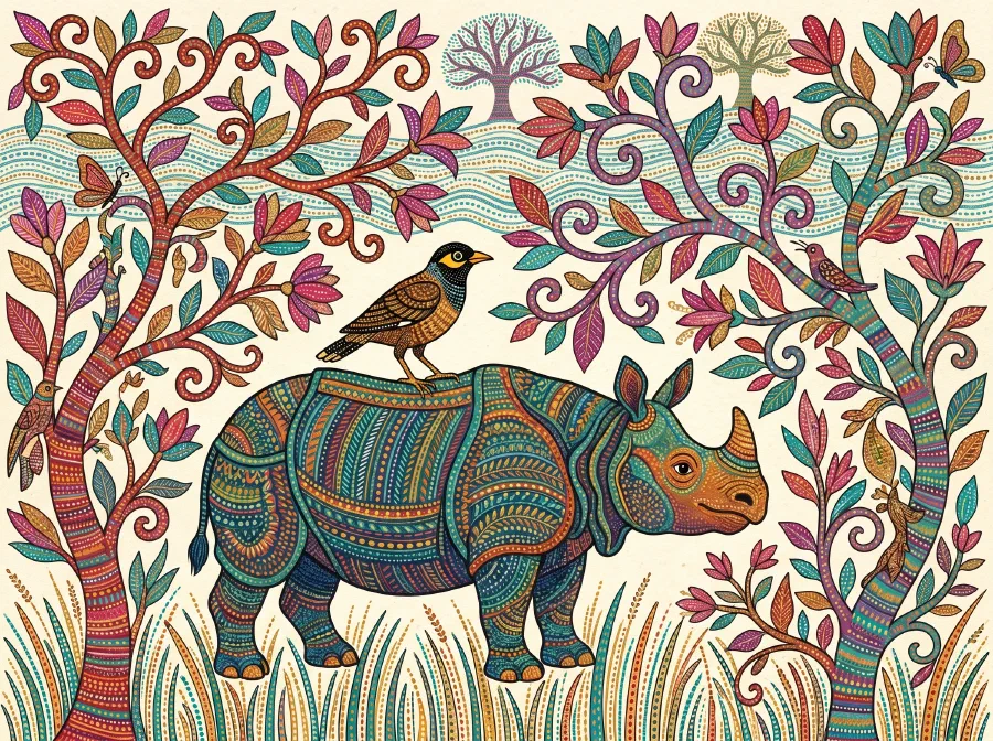A one-horned Indian rhino in the tall grass of Kaziranga with a myna bird on its back, drawn in bold Gond patterning