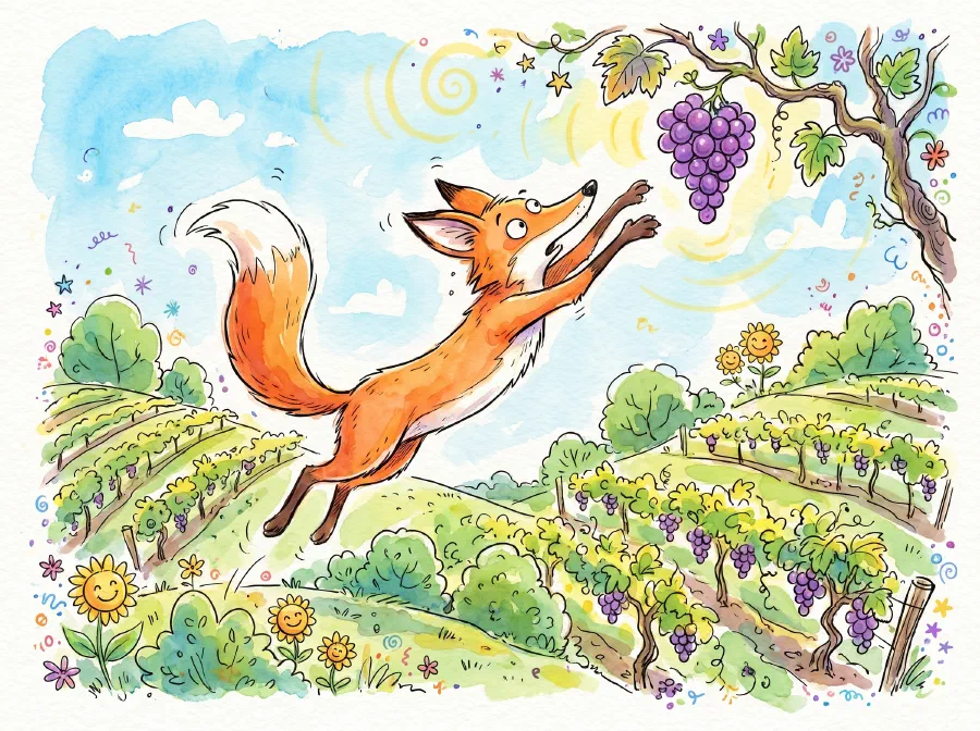 A fox leaping up with paws stretched toward a bunch of grapes hanging just out of reach on a vine in a sunny vineyard