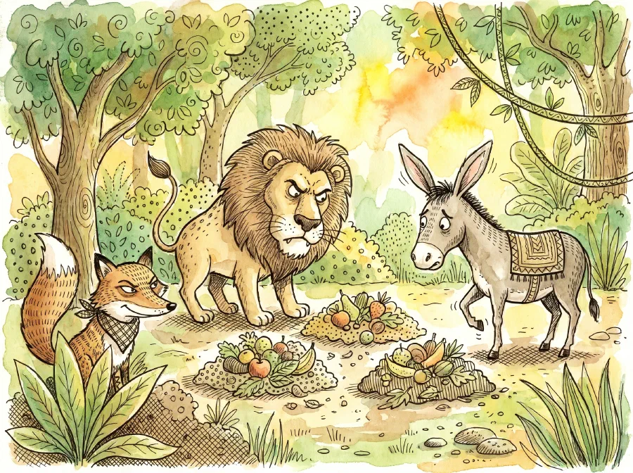 A lion glares greedily at three equal piles of food while a nervous donkey that divided them stands by and a wary fox watches from the side