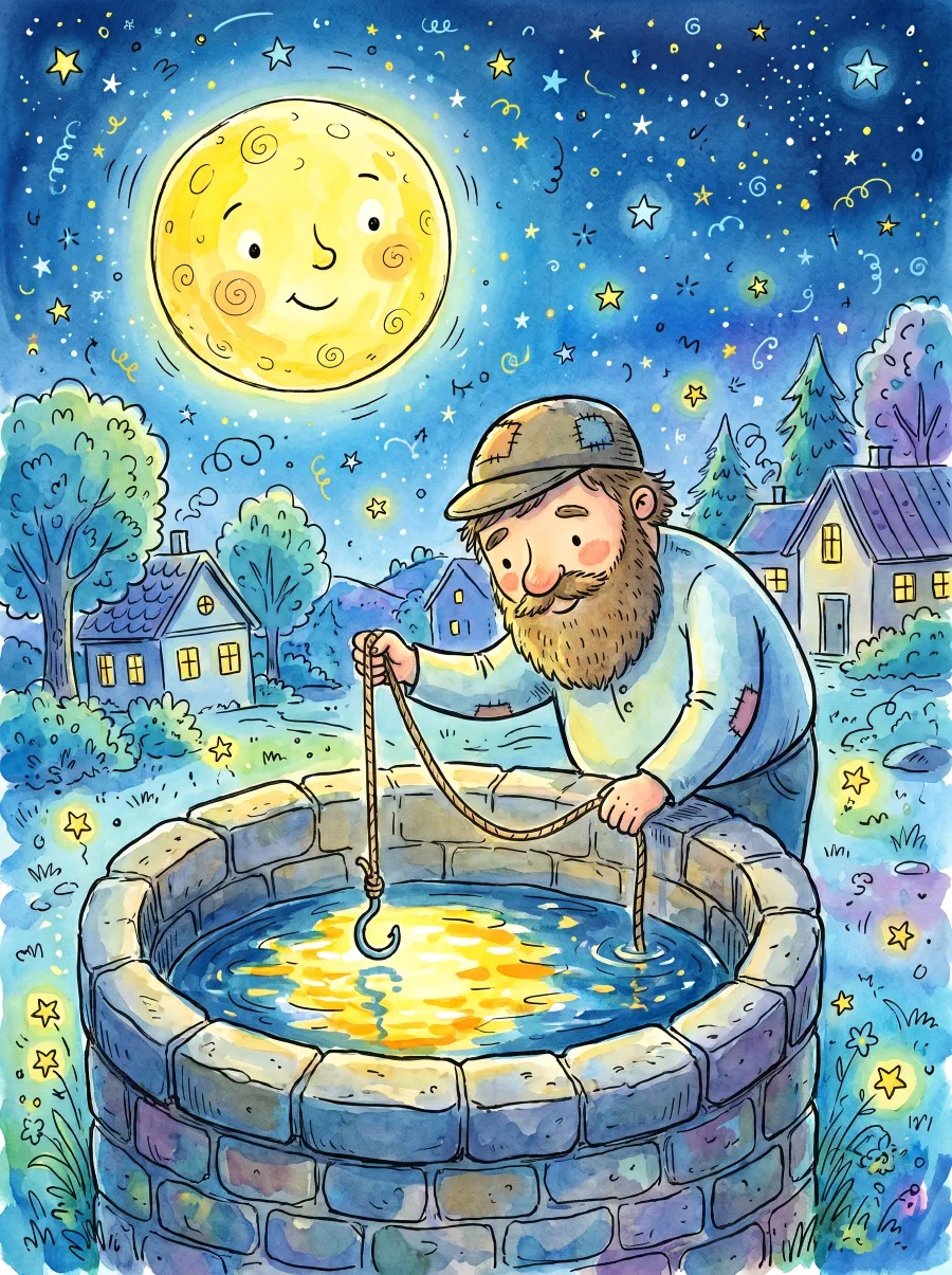 At night a man leans over a well, lowering a hooked rope toward the moon's reflection in the water, the real moon glowing in the sky above