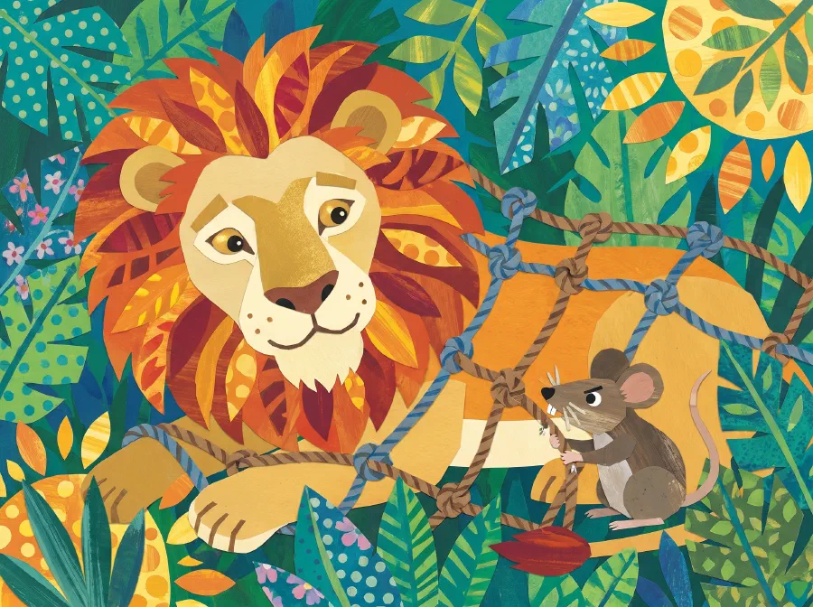 A small mouse gnaws through a hunters' rope net to free a big lion trapped in it in the jungle