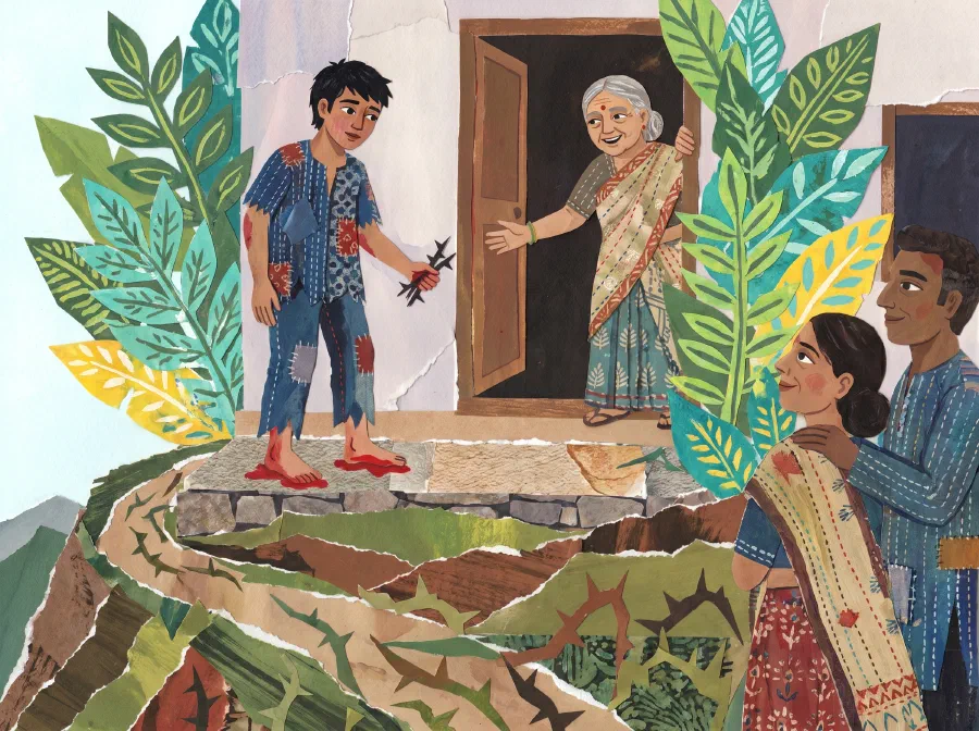 A young man with torn clothes and bleeding feet, holding thorns he cleared from the path, welcomed at a hill temple doorway by an elderly trustee