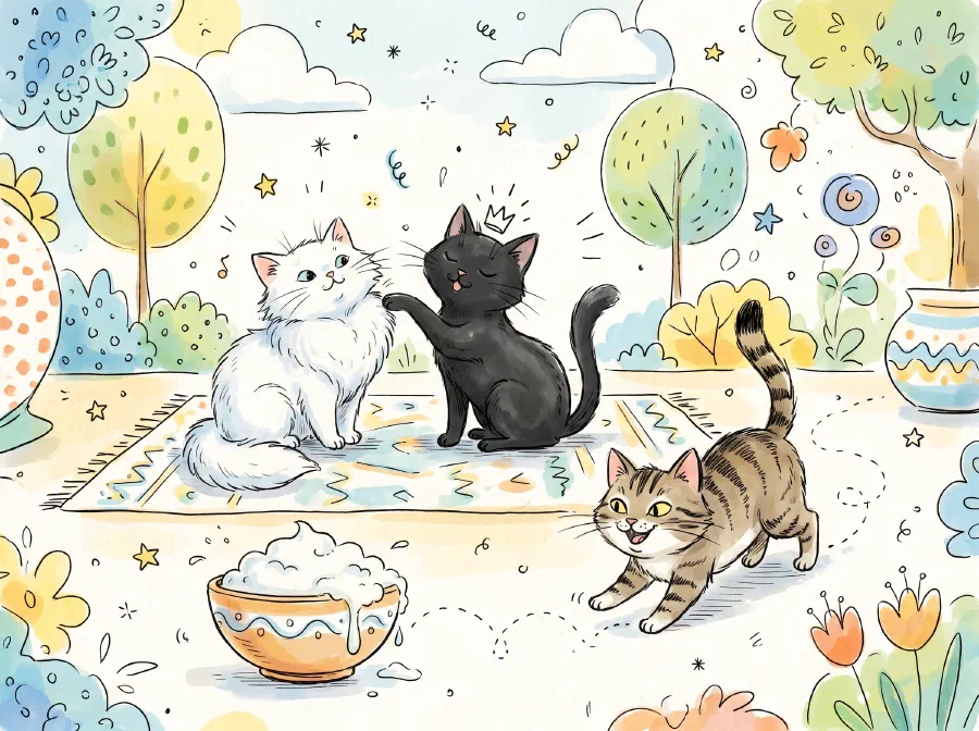 Three kittens — white, black and tabby — boasting, while the tabby sneaks off toward a bowl of cream