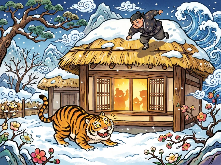 A hungry tiger crouches in the snow beneath the lantern-lit window of a thatched house at night while a thief creeps on the roof above
