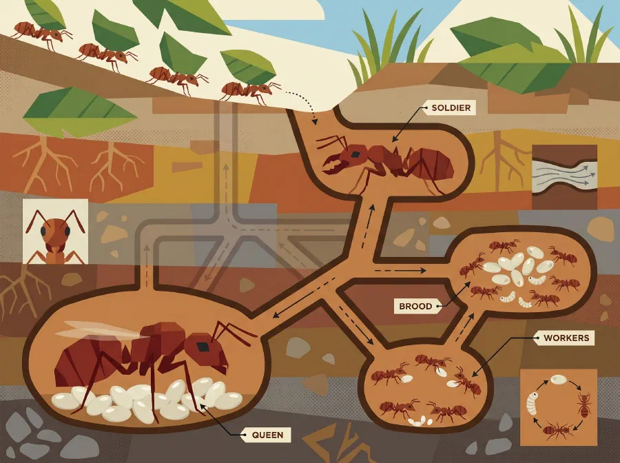 A cutaway of an underground ant nest showing the queen, brood, worker ants and a soldier, with workers carrying leaves down from the surface