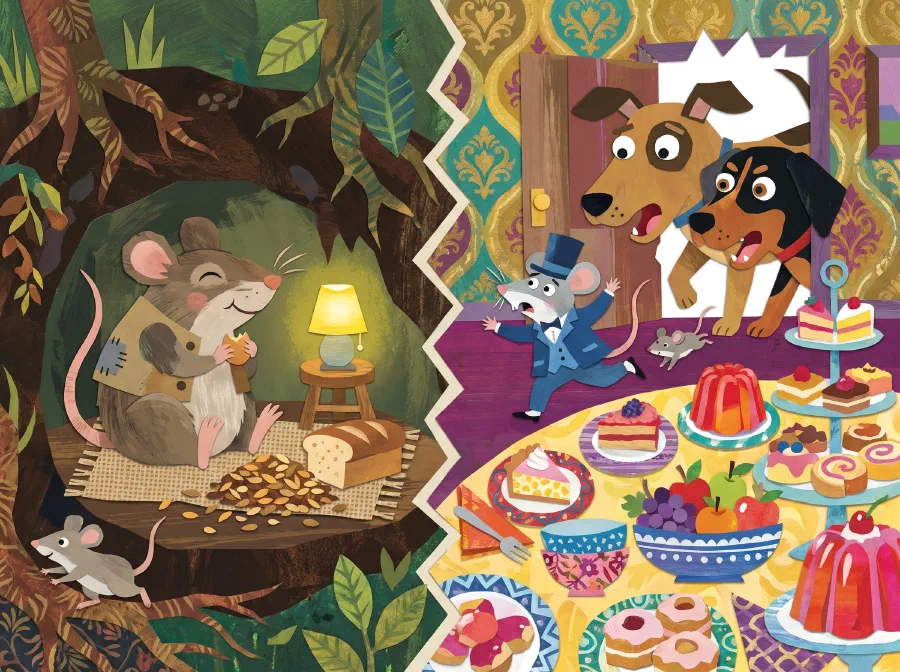A split scene: the country mouse content with simple food in a rustic burrow, and the dapper town mouse fleeing a lavish dining table as two dogs burst in