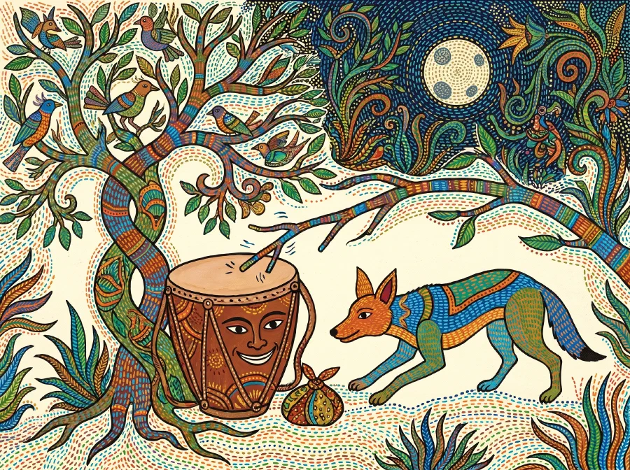 A jackal warily approaches a drum propped against a tree at night, with a small bundle of food beside it