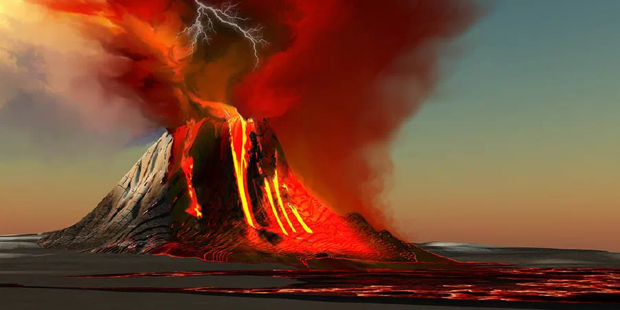 The Kilauea volcano erupts on the island of Hawaii with plumes of fire and smoke. Rivers of lava head to the ocean making new land.