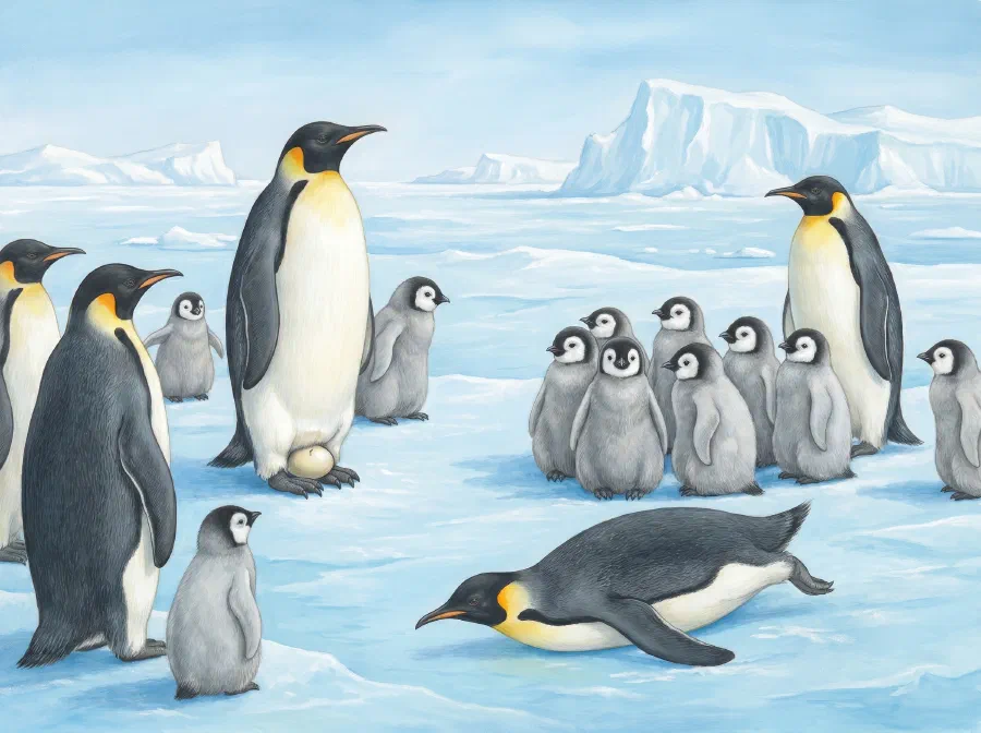An emperor penguin colony on Antarctic ice — an adult balancing an egg on its feet, fluffy chicks huddled in a crèche, and one penguin sliding on its belly