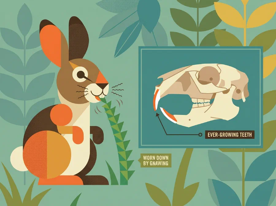 A rabbit nibbling a grass stem beside a diagram of its skull showing the long ever-growing front teeth