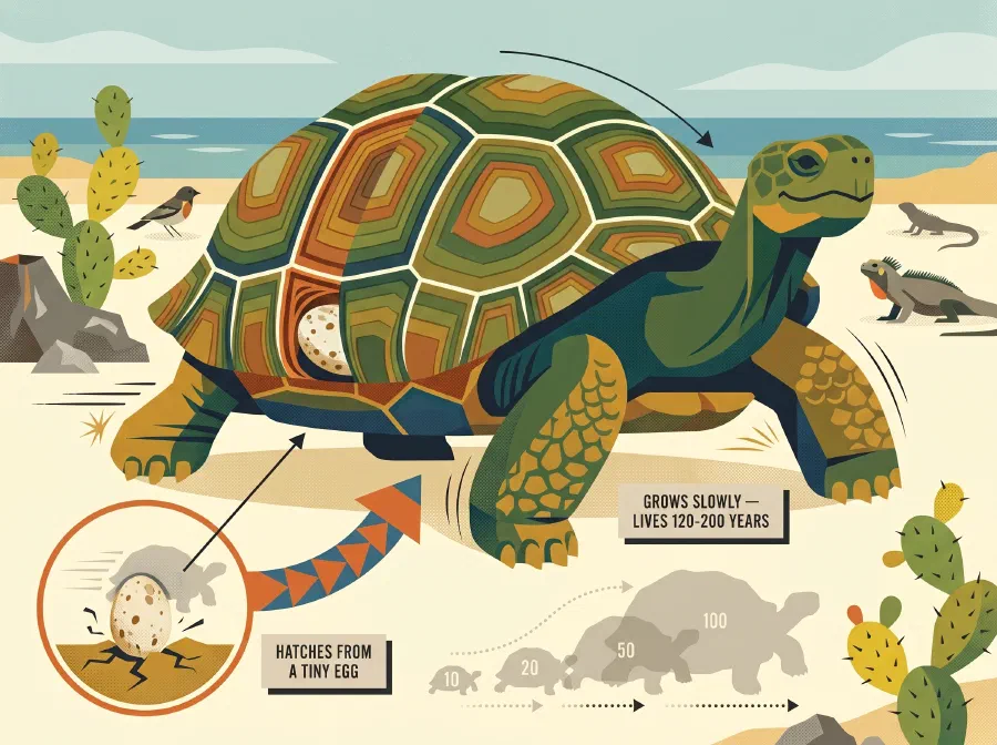 A giant Galápagos tortoise with an inset of the tiny egg it hatches from, showing it grows slowly and lives 120–200 years