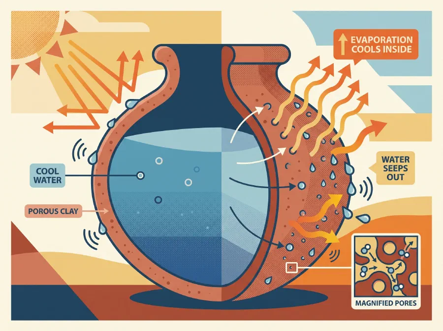 Why does water stay cool in earthen clay pots?