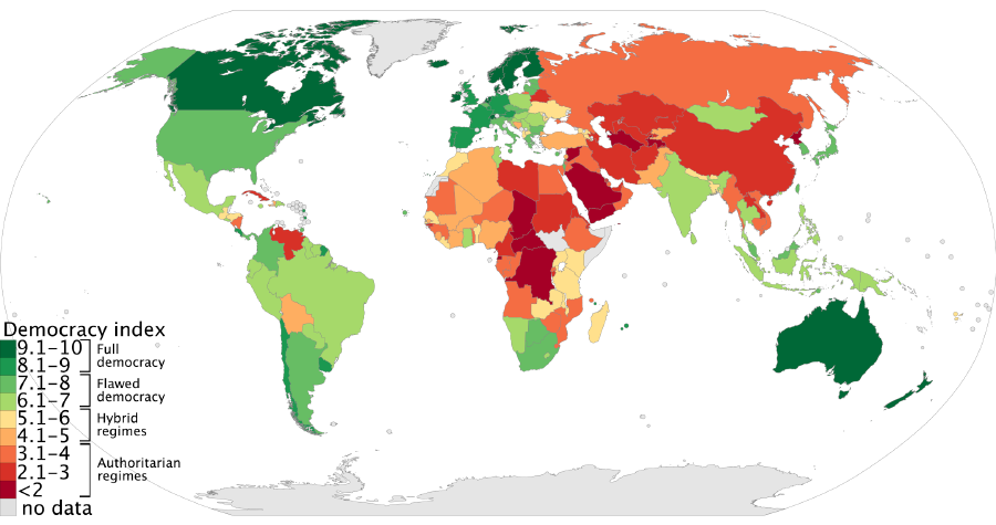 The Economist Intelligence Unit Democracy Index map for 2019 [Data Source: [Economist Intelligence Unit](https://www.eiu.com/topic/democracy-index)]