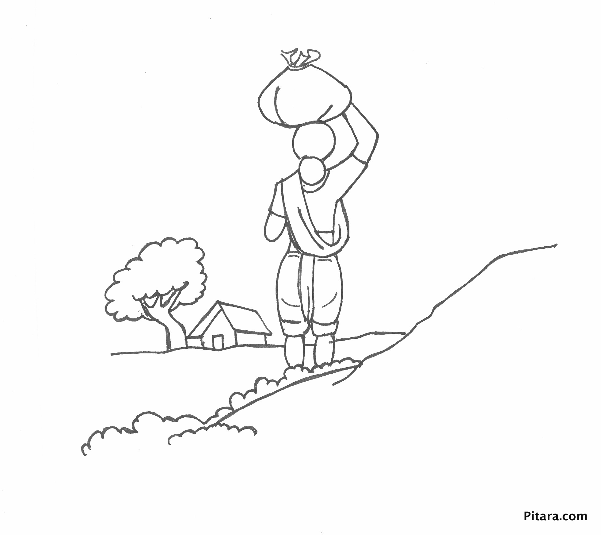 Woman carrying load – Coloring page Woman carrying load – Coloring page