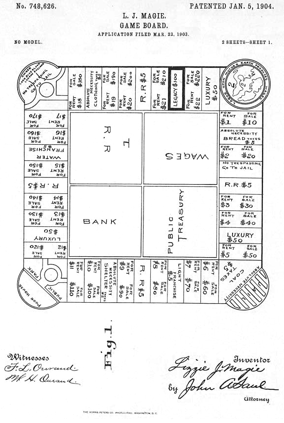 First page of patent submission for first version of Lizzie Magie's board game, granted on January 5, 1904